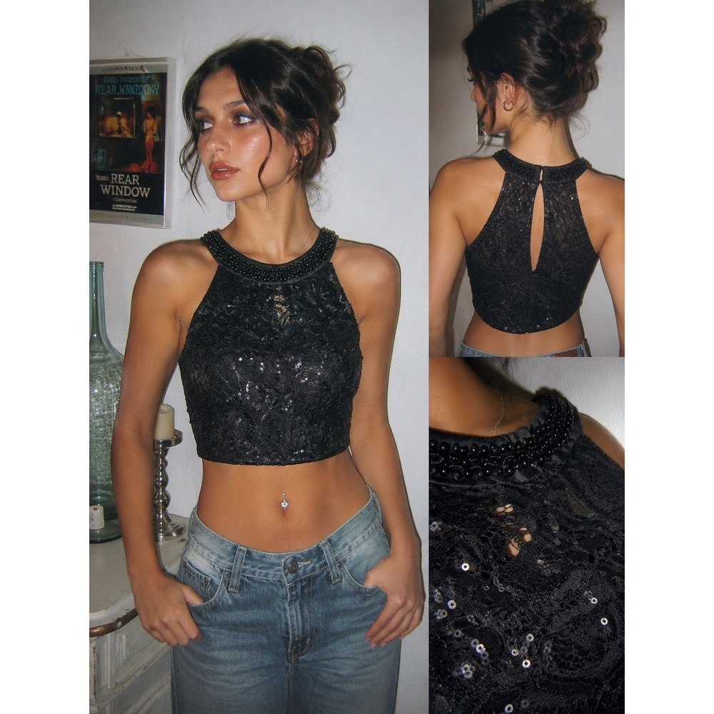 By & By Black Lace Sequin Beaded Halter Crop Top‎ Junior Size 13 Retro Party